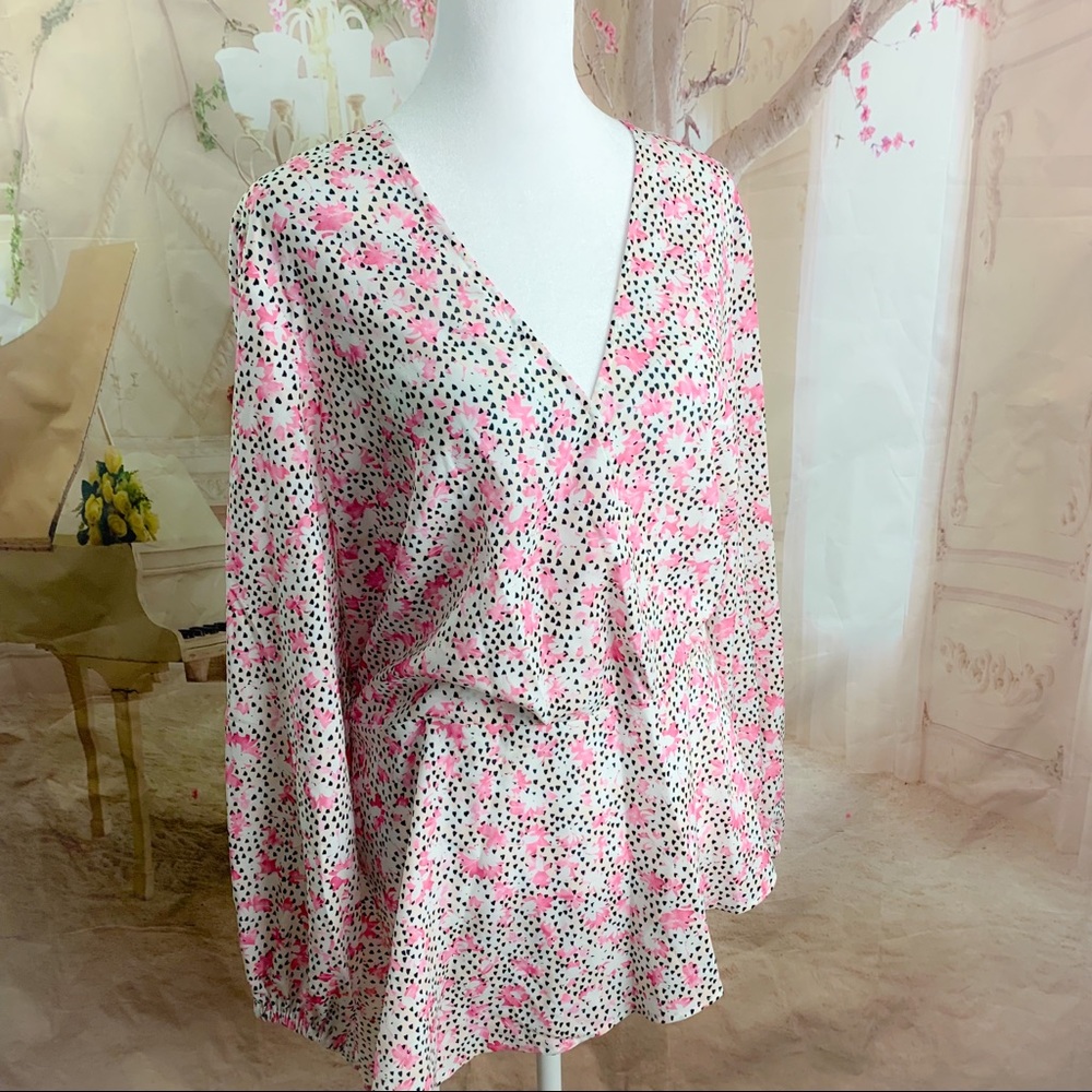 NEW Eloquii Pink Polka Dot Floral Print V Neck Blouse